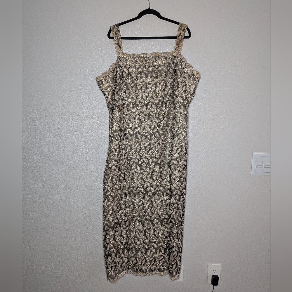 Cindy USA Cream Vintage 90s Yacht Gala Sequin Leaf Embroidered Midi Dress 5X